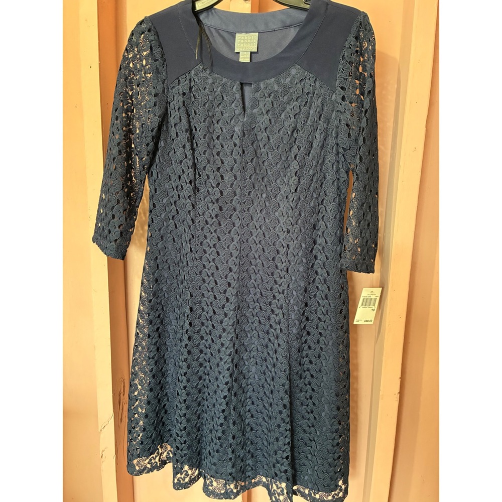 Rabbit Rabbit Designs Navy Blue Lace Sheath Dress 3/4 Sleeve Size 10 NEW